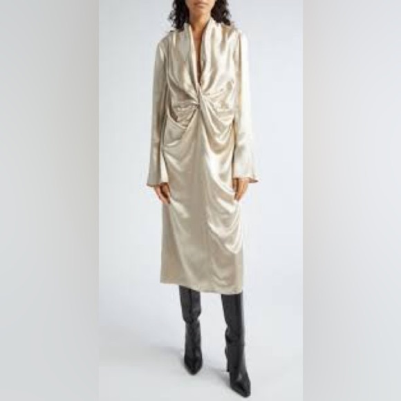 INTERIOR NYC The Reese Long Sleeve Satin Midi Dress In Champagne new without tag - Picture 1 of 7